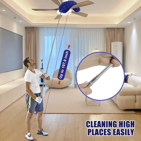 A person uses an extendable cleaning duster kit to clean a ceiling fan in a modern living room.