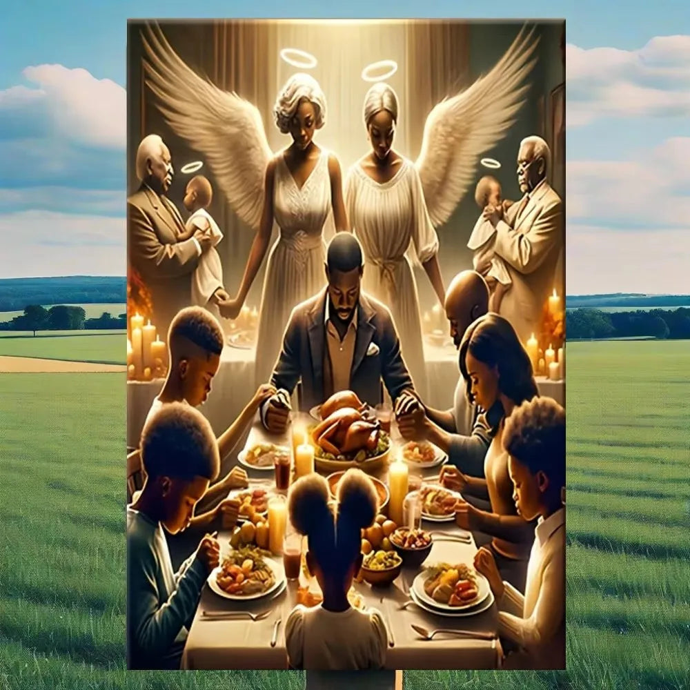 Una pintura que representa a una familia de mujeres y hombres con alas angelicales reunidos alrededor de una mesa.