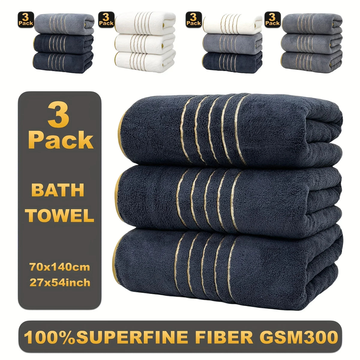 A set of three dark blue bath towels with gold stripes shown in various stacks and a large towel.