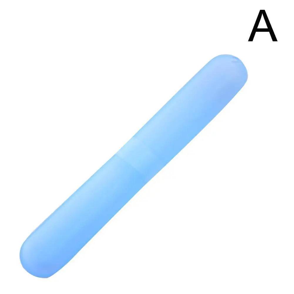 A light blue, elongated portable toothbrush storage case.