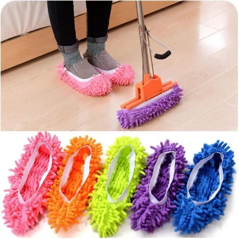 A set of fuzzy dust-absorbing slippers used for floor cleaning in various bright colors.
