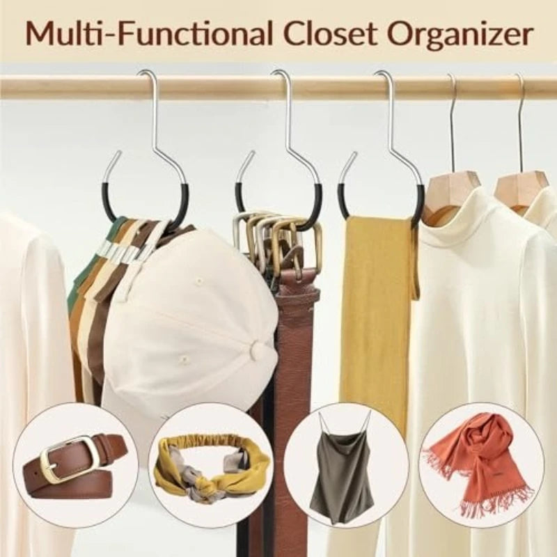 A multi-functional closet organizer featuring metal hangers and wooden hangers for clothing storage.