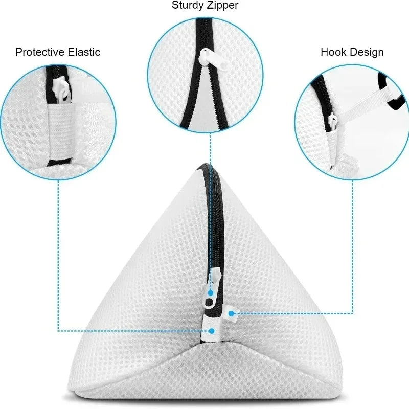 White mesh laundry bag for shoes and delicates featuring a sturdy zipper and protective elastic.