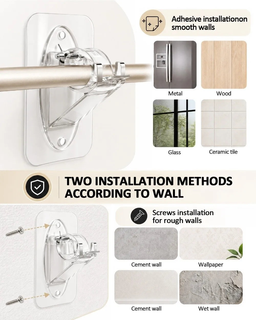 Heavy duty dual use curtain rod brackets shown with installation methods for smooth and rough walls