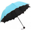 A light blue and black reversible umbrella open, showing its canopy and handle.