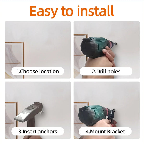 Step-by-step guide showing how to install heavy duty metal wall hooks using a drill and anchors.