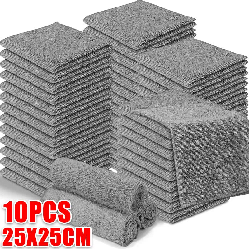 A stack of 10 gray microfiber cleaning cloths, measuring 25x25cm each.