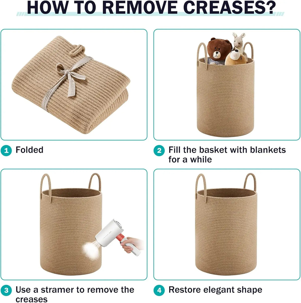 Instructions for removing creases from a large woven storage hamper by folding, filling with blankets, and using a steamer.