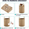 Instructions for removing creases from a large woven storage hamper by folding, filling with blankets, and using a steamer.