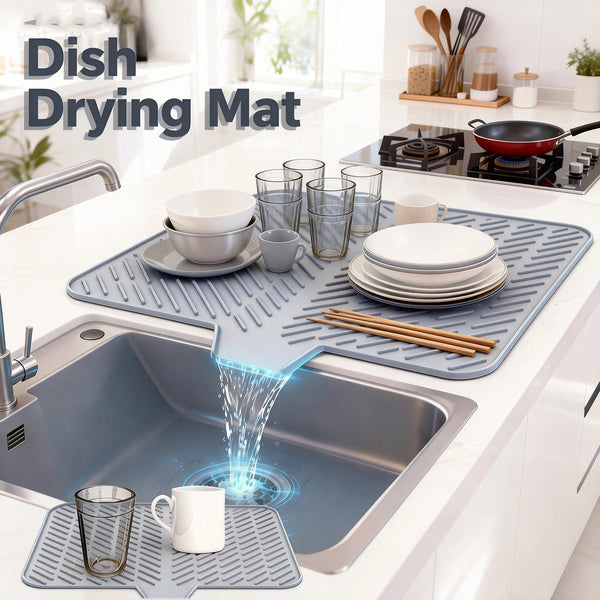 A blue silicone dish drying mat is shown being used to drain water from a kitchen sink, with dishes placed on it.