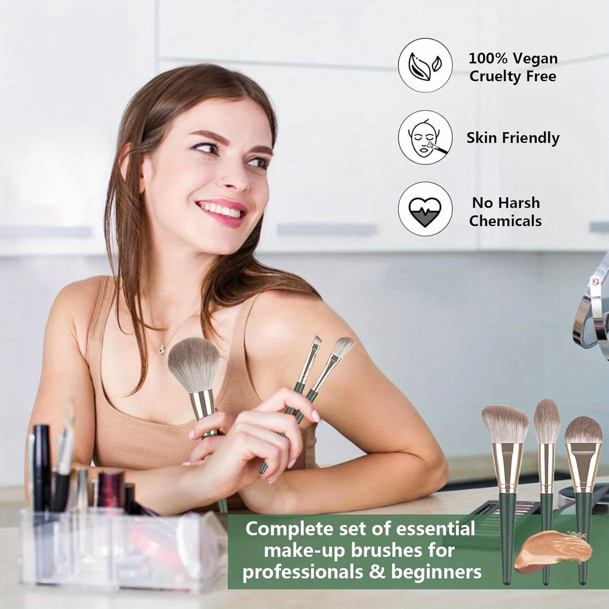 A woman holds a complete set of essential make-up brushes for professionals and beginners.