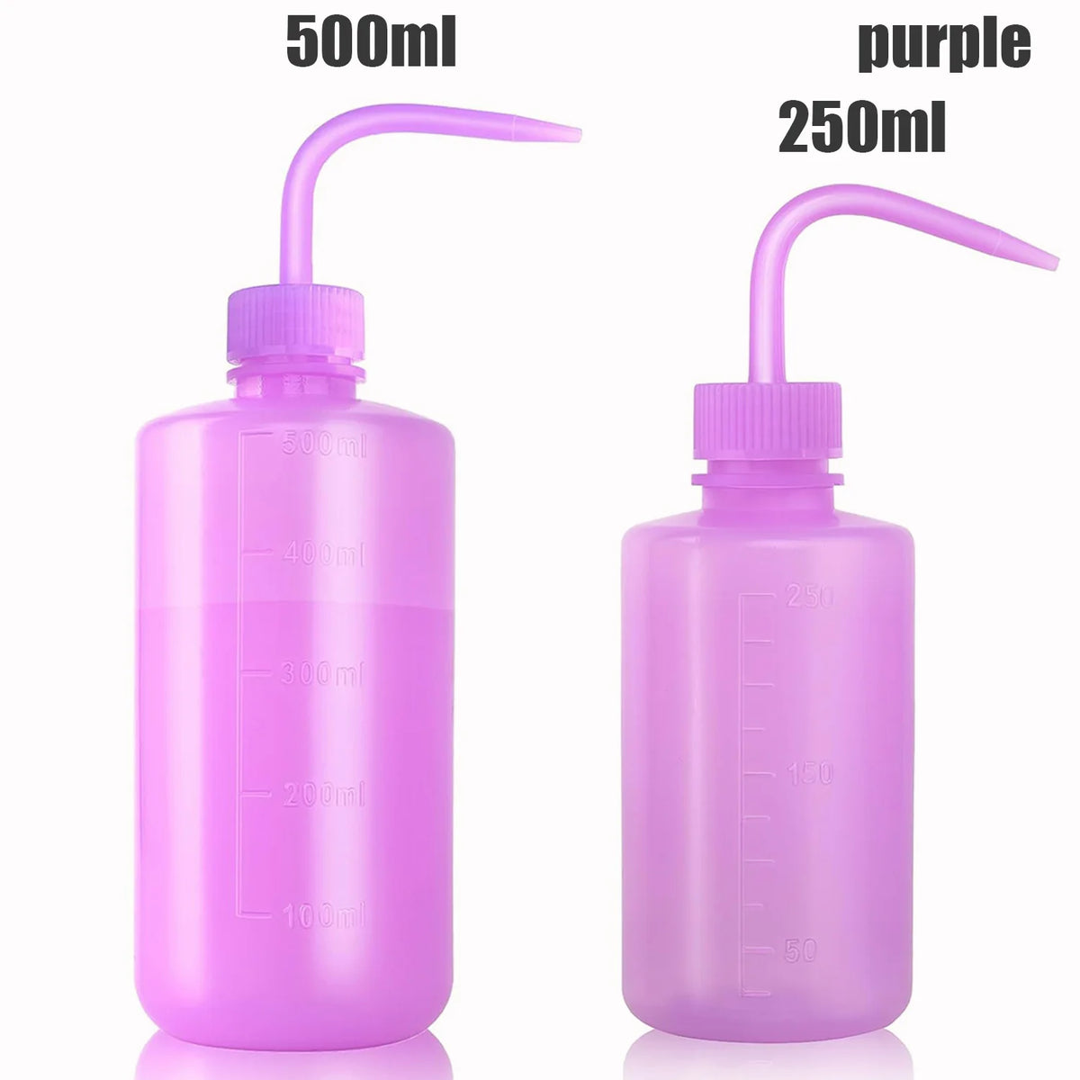 Two purple squeeze bottles, one 500ml and one 250ml, with measurement lines.