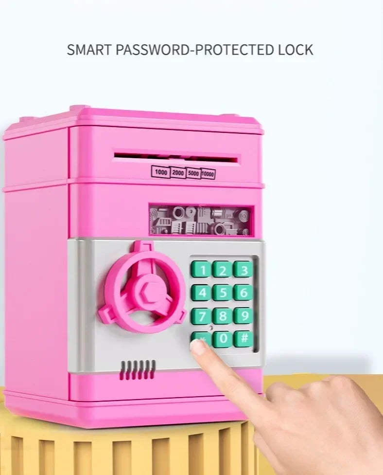 A pink electronic password-protected lock box with a numeric keypad is shown being operated by a hand.