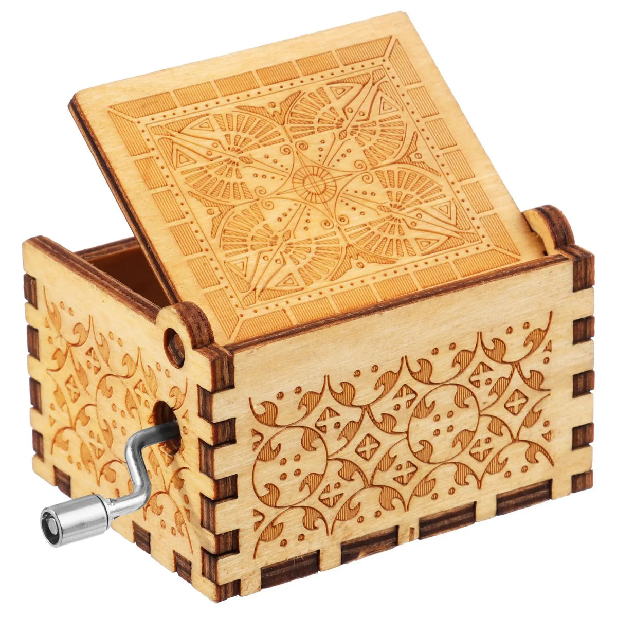 Una caja de música de madera clara con mecanismos manuales y patrones grabados a láser en la tapa y el cuerpo.