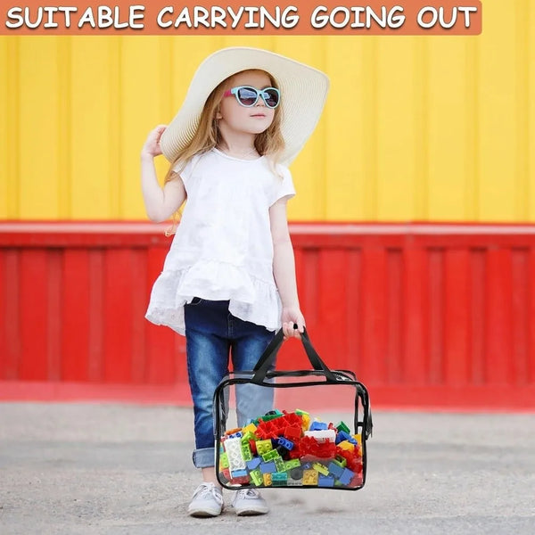 A young girl wearing a straw hat and sunglasses is carrying a large capacity waterproof PVC storage bag.