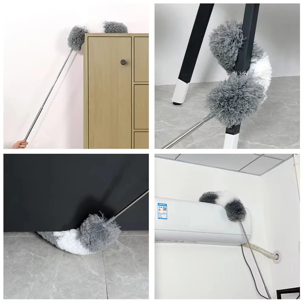 Extendable microfiber duster set with fluffy gray and white heads used for deep cleaning