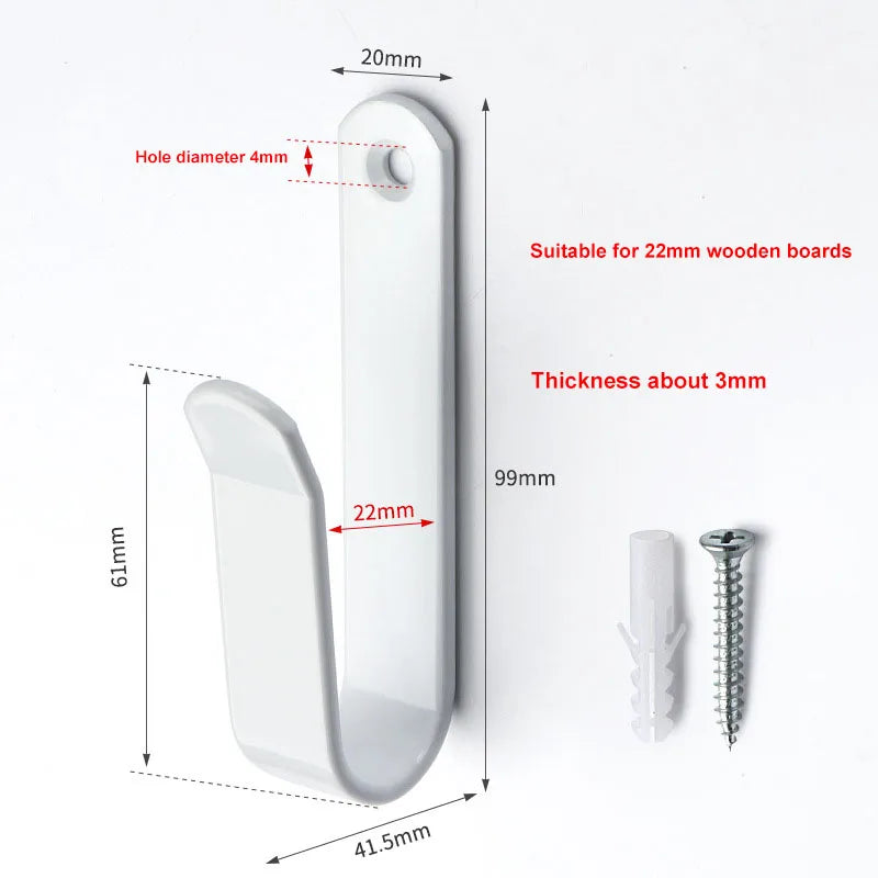 A white heavy duty iron wall mount hook with a 4mm hole, suitable for 22mm wooden boards.