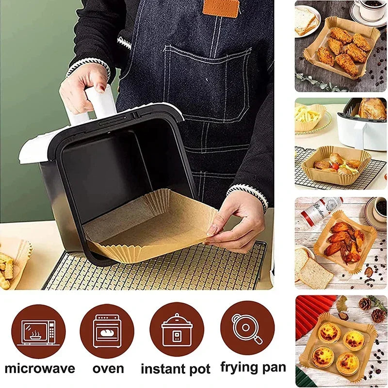 A person is using a disposable non-stick air fryer parchment liner inside a black appliance for cooking.
