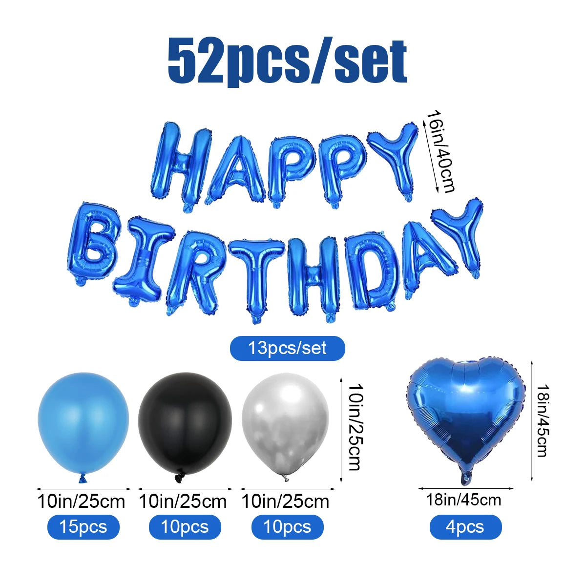 A set of 52 blue birthday party balloons, including letter balloons and round balloons.