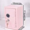 A pink metal piggy bank with a combination lock, shown from the side.