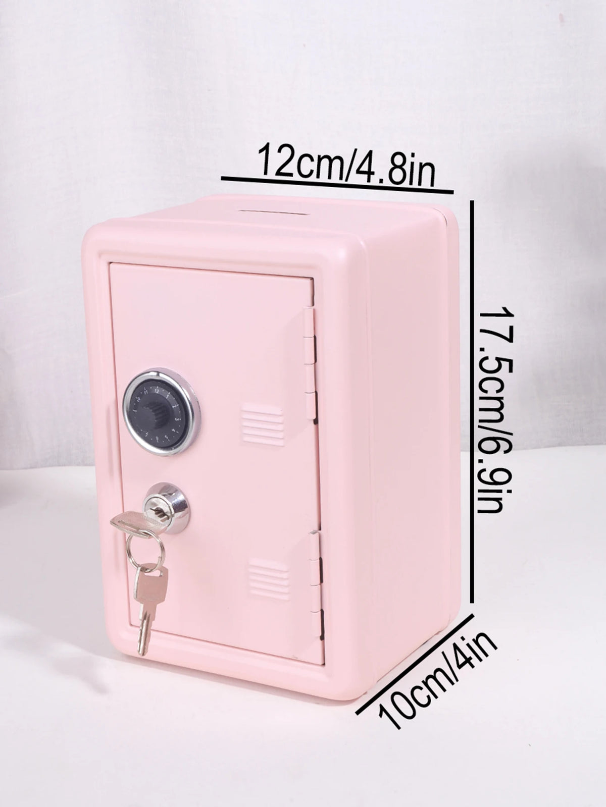 A pink metal piggy bank with a combination lock, shown from the side.