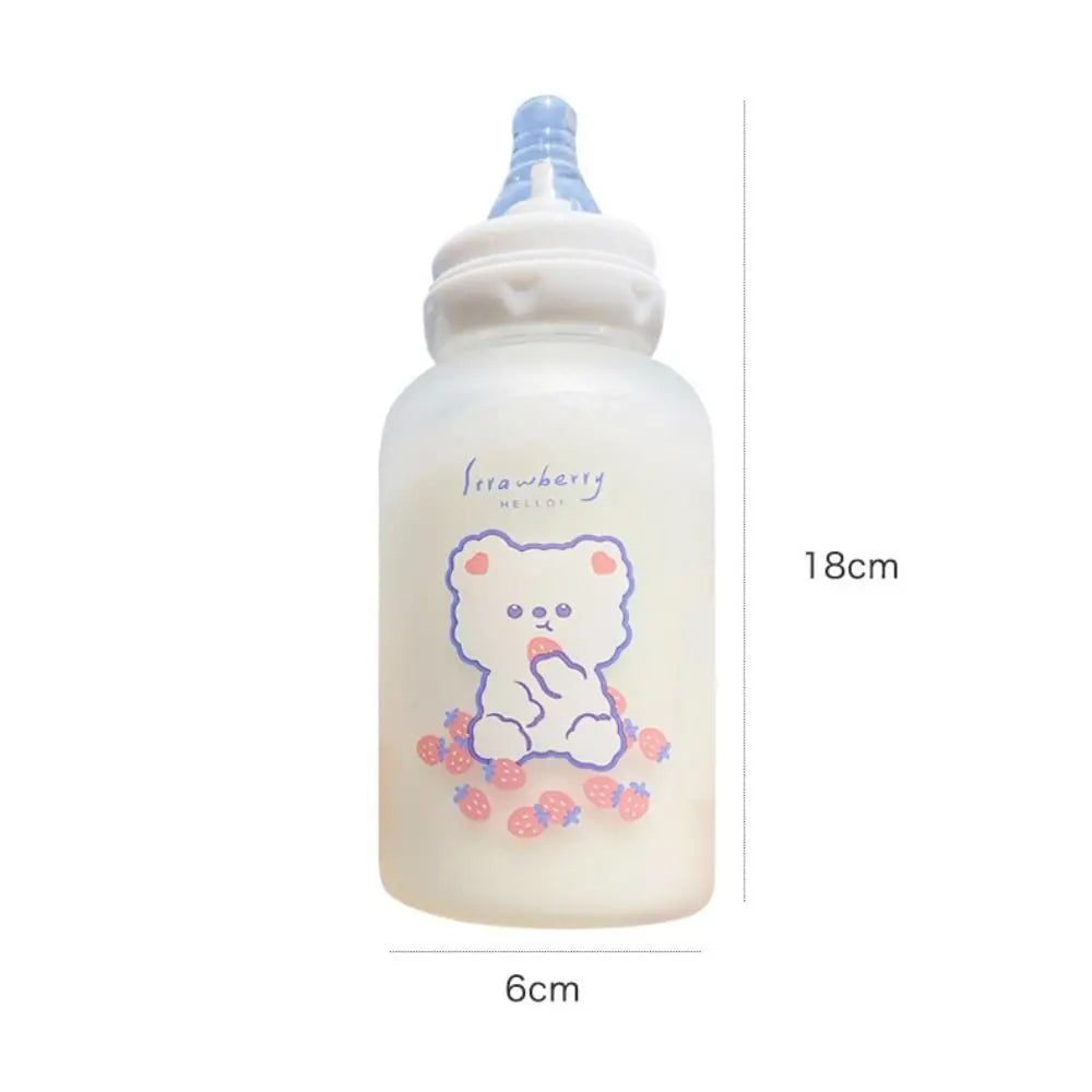 A white water bottle with a blue cap featuring a cute illustration of a strawberry bear and small pink berries.