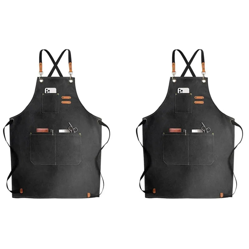Black oil-proof canvas apron with utility pockets and leather ties