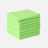 A stack of bright lime green thickened microfiber cleaning cloths.