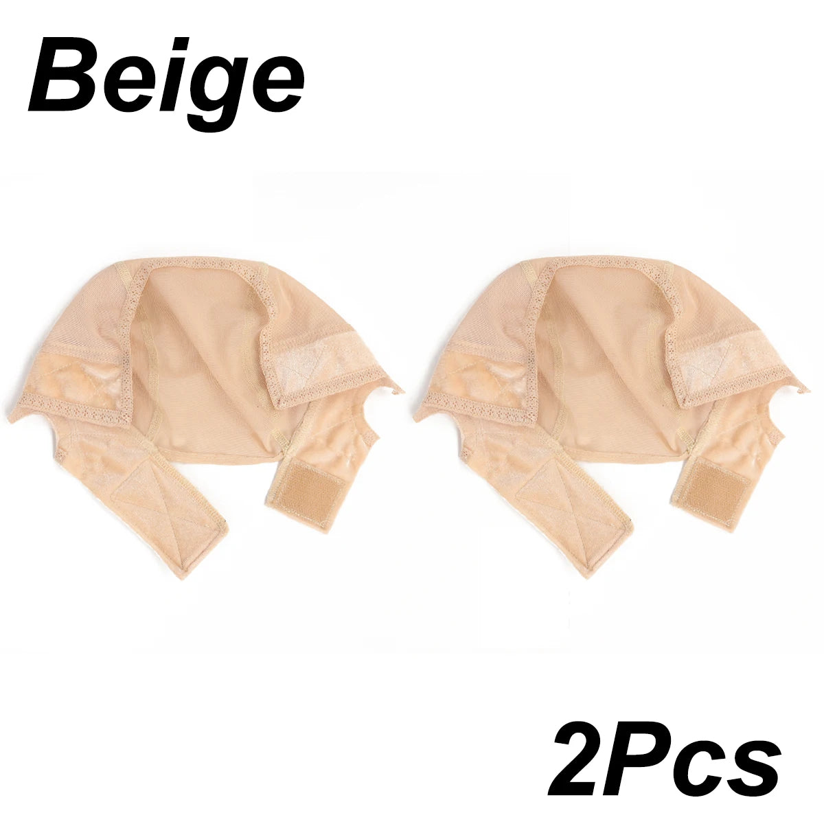 Pair of beige velvet headband wig caps shown flat