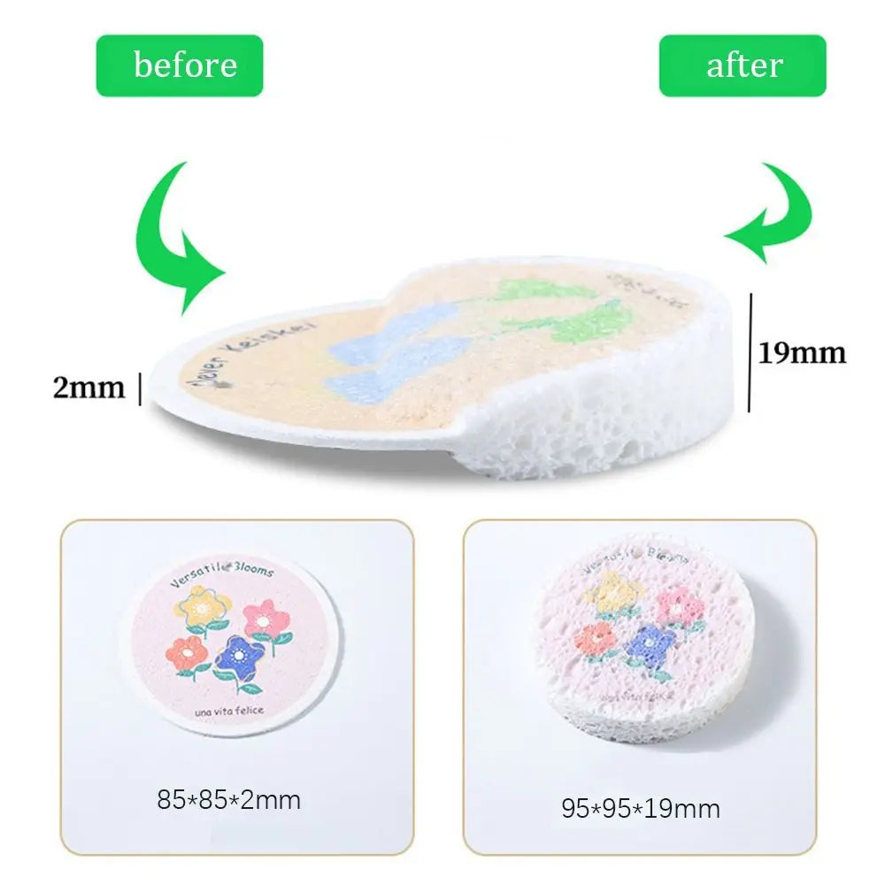 Before and after comparison of natural cotton cleaning sponges showing size difference.