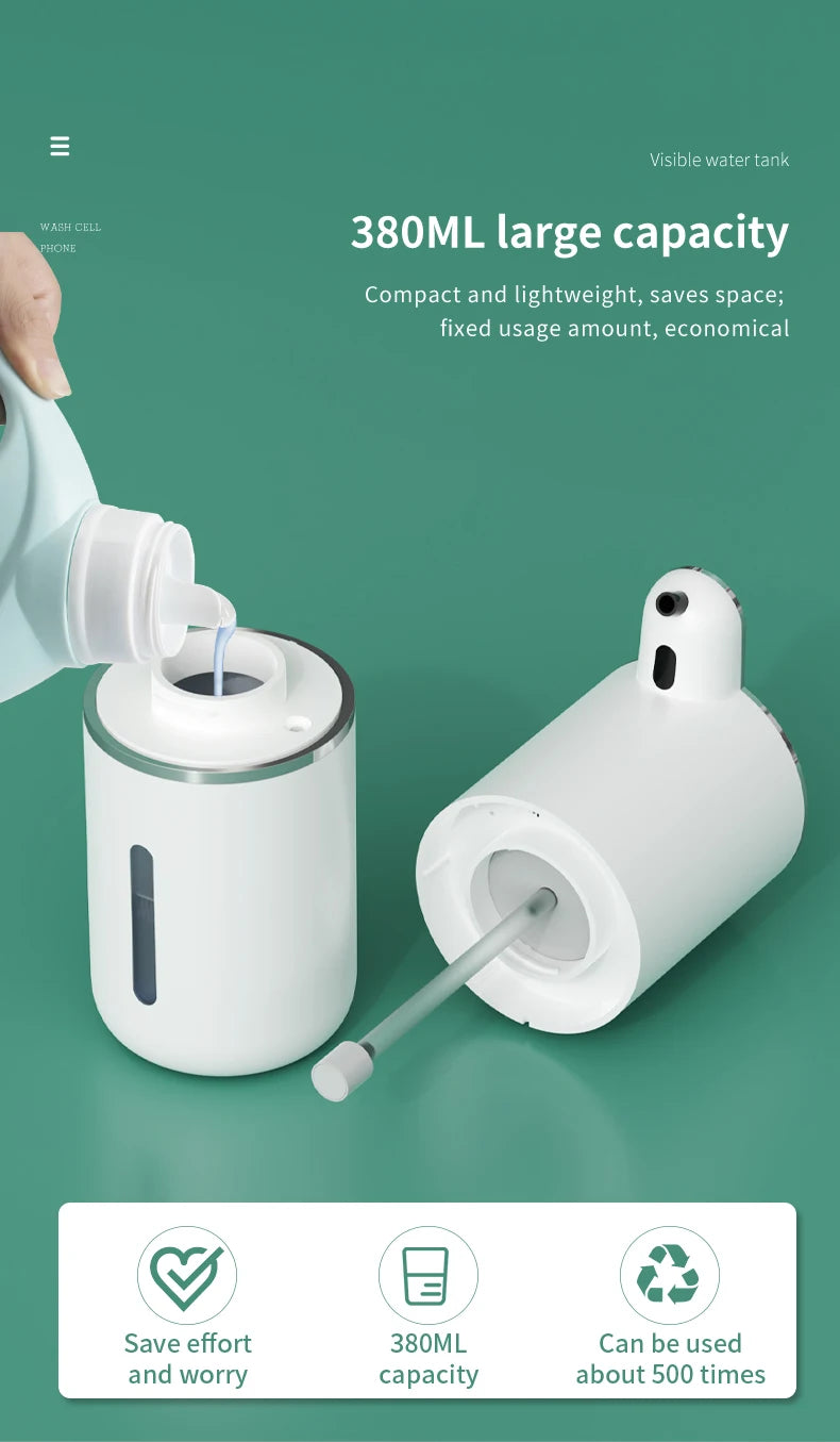 Dispensador automático de jabón recargable blanco con bomba y boquilla.