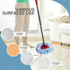 A mop is shown with various surfaces used for cleaning, including marble floor, wooden floor, tiles, and concrete floor.
