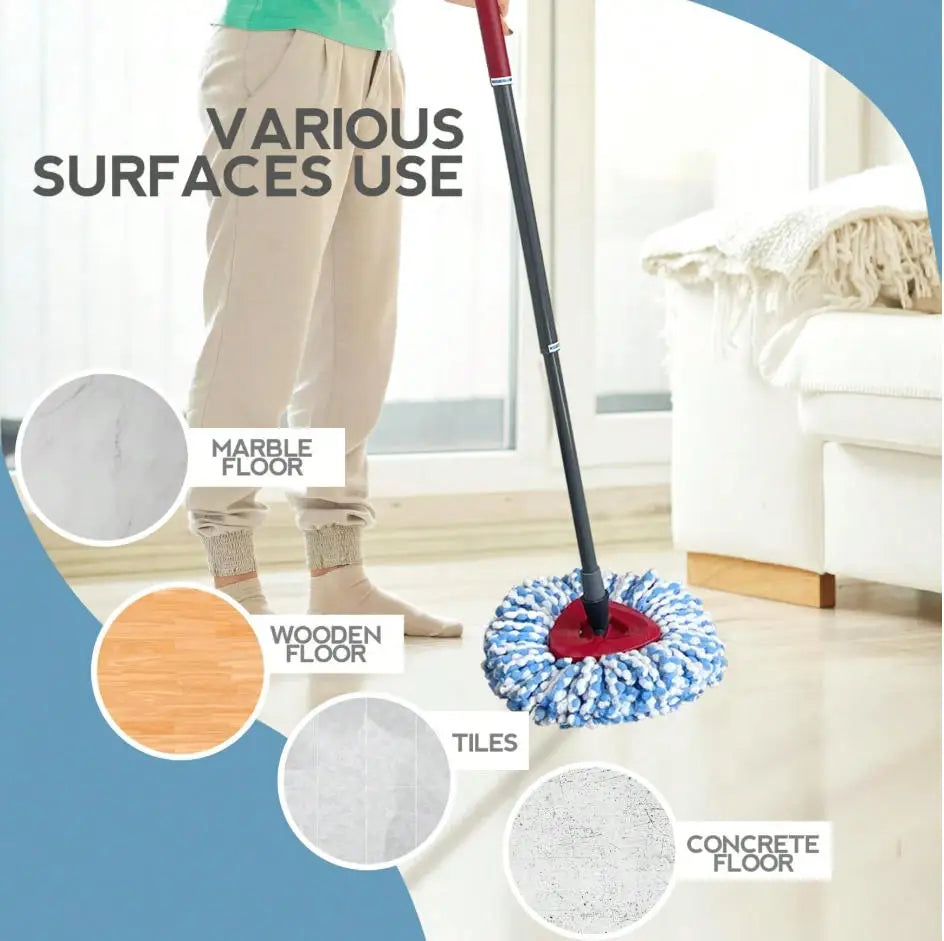 A mop is shown with various surfaces used for cleaning, including marble floor, wooden floor, tiles, and concrete floor.