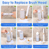 Step-by-step instructions showing how to install a disposable toilet brush head onto a cleaning kit with a lengthened handle