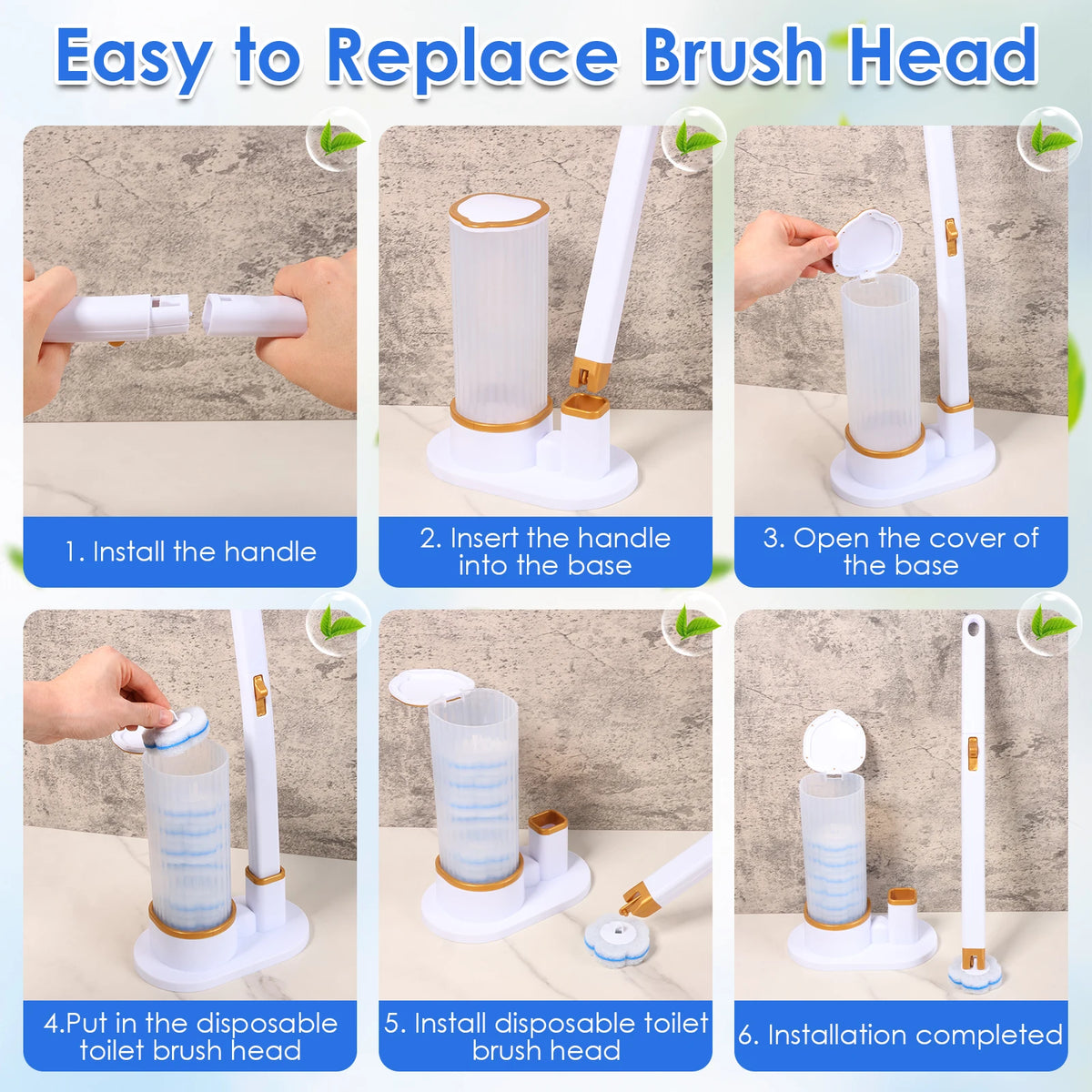 Step-by-step instructions showing how to install a disposable toilet brush head onto a cleaning kit with a lengthened handle