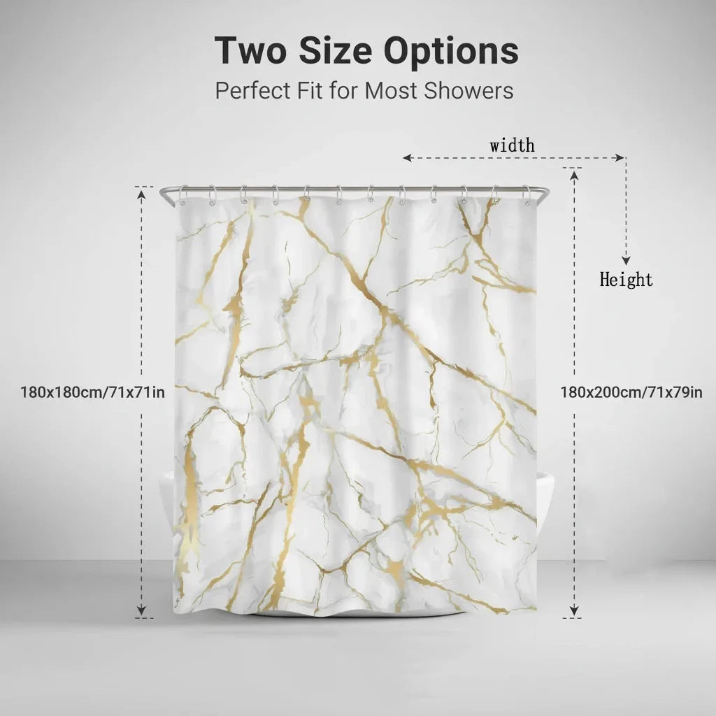 White marble design shower curtain with gold veining shown hanging on a rod.