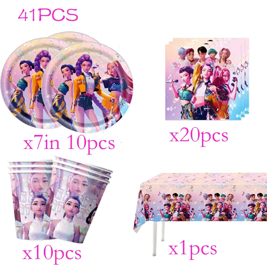 A set of 41 pieces of K-Pop themed birthday party decor including photo cards and cups.