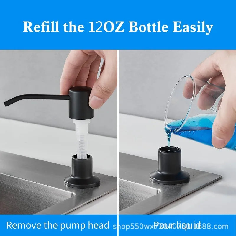 A hand is easily refilling a 12oz bottle using a pump head dispenser.