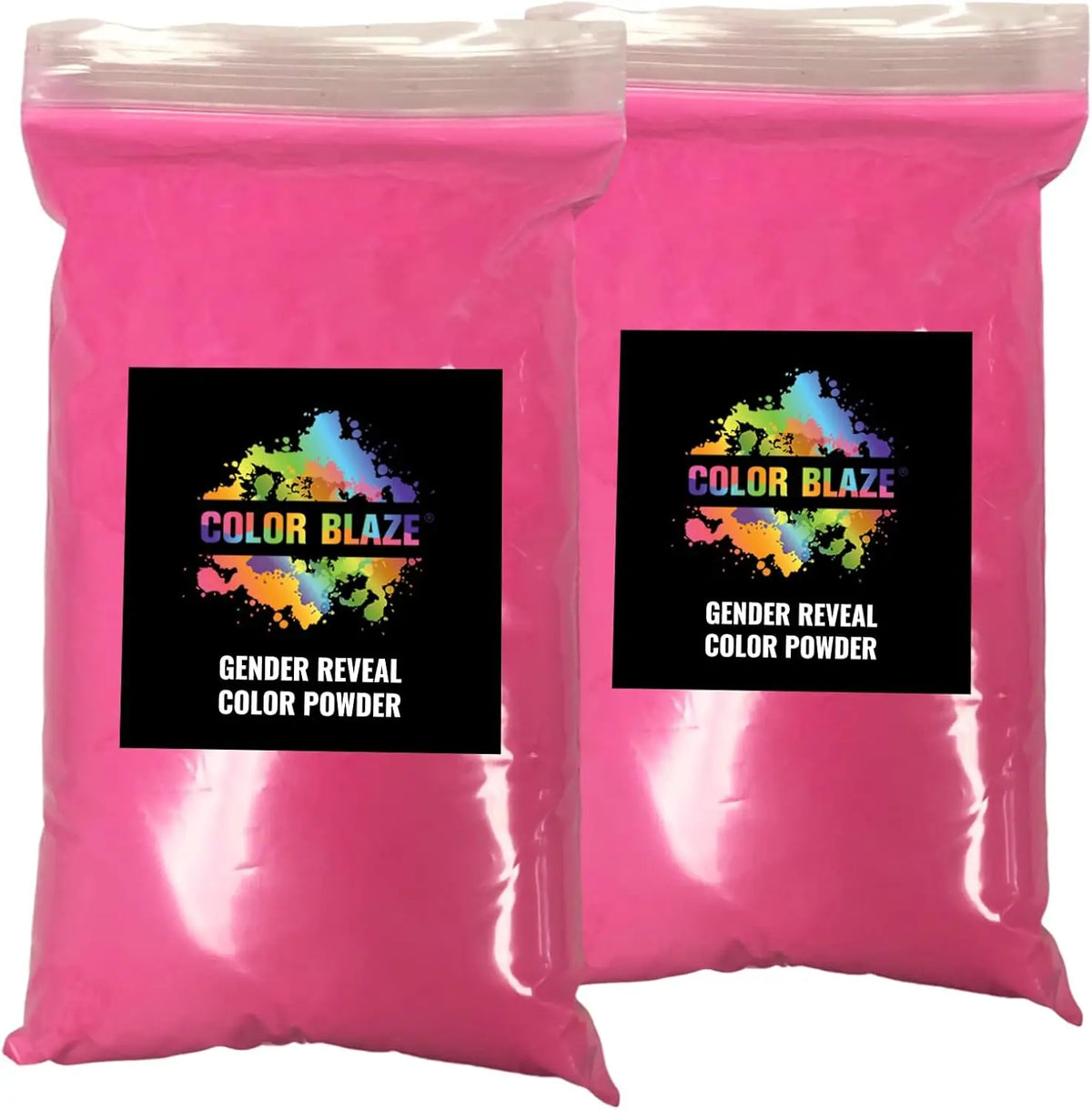 A bag of vibrant pink color powder labeled Color Blaze for gender reveal