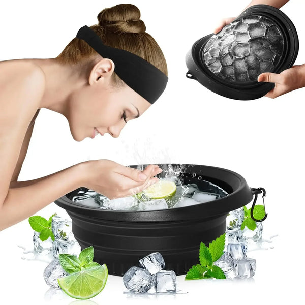 A hand is using a black portable silicone ice basin filled with ice and lime slices for facial cooling.