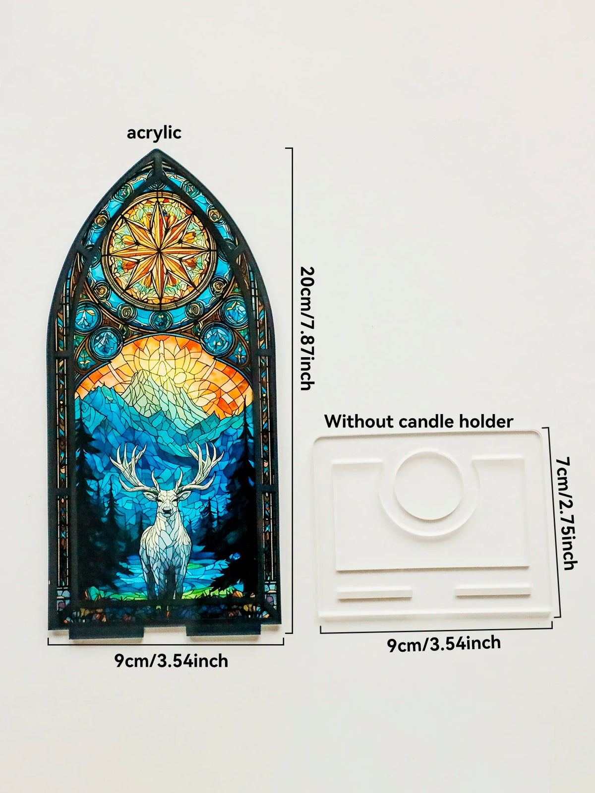 Porta velas de acrílico decorativo gótico con silueta de ciervo y diseño de sol brillante.
