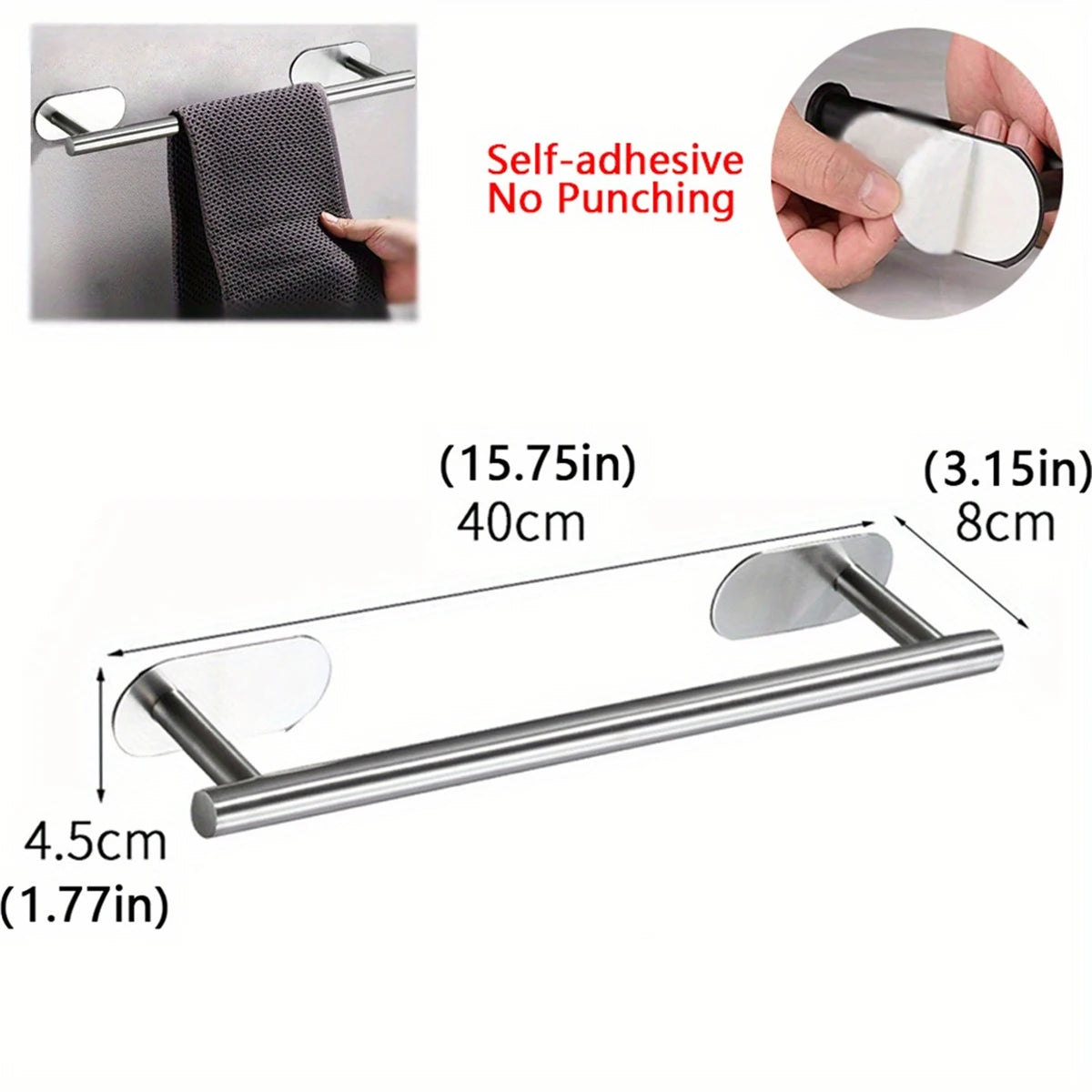 Percha de toallas de acero inoxidable con soporte de silicona y una toalla negra.