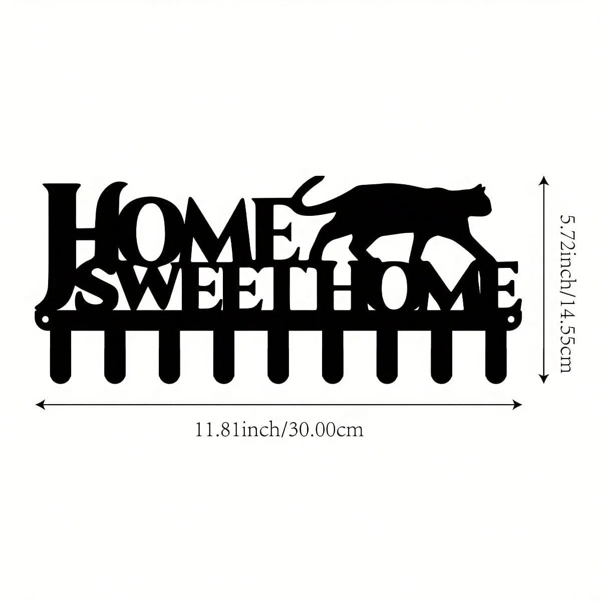 Black metal wall hook key holder featuring a silhouette of a cat and the words HOME SWEET HOME