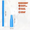 A blue dryer vent cleaning brush attachment shown next to a size chart and various appliance diagrams.