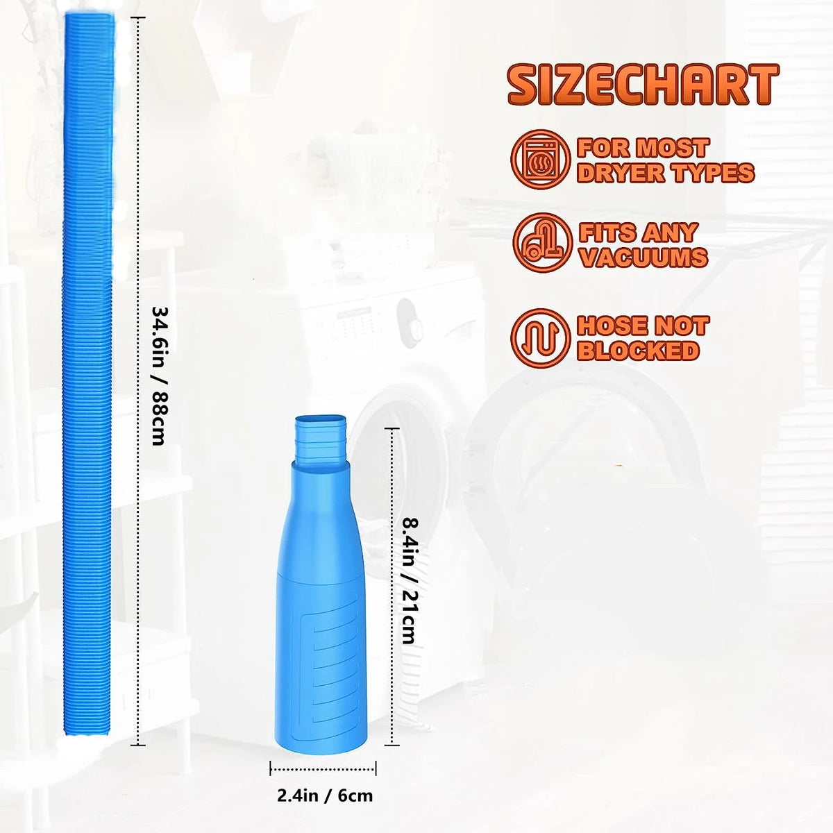 A blue dryer vent cleaning brush attachment shown next to a size chart and various appliance diagrams.