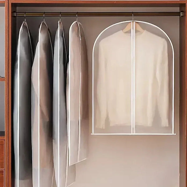 A multi-pack of transparent hanging garment dust covers displayed in a wooden cabinet.