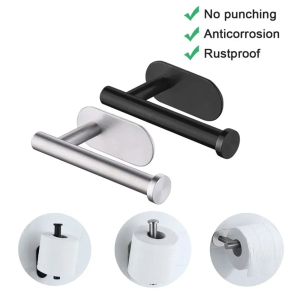A black wall mounted toilet paper holder with a silver finish and mounting hardware.