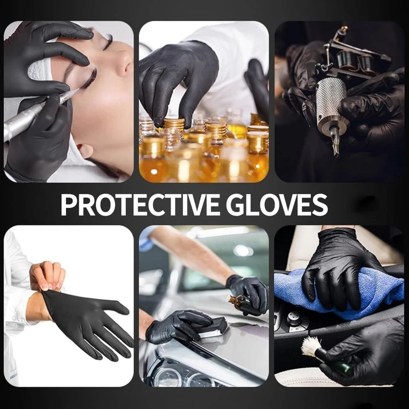 A collage showing various protective gloves in use for different tasks including skincare, laboratory work, and cleaning.