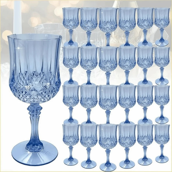 A set of clear blue reusable plastic champagne flutes displayed on a white background.