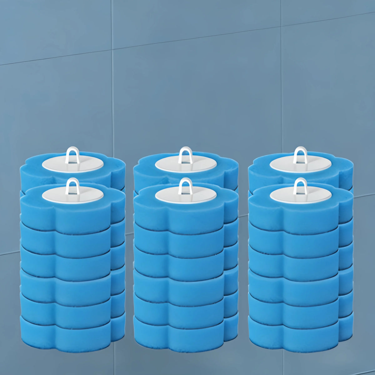 A set of blue heavy-duty disposable toilet brushes with long handles stacked in a row.